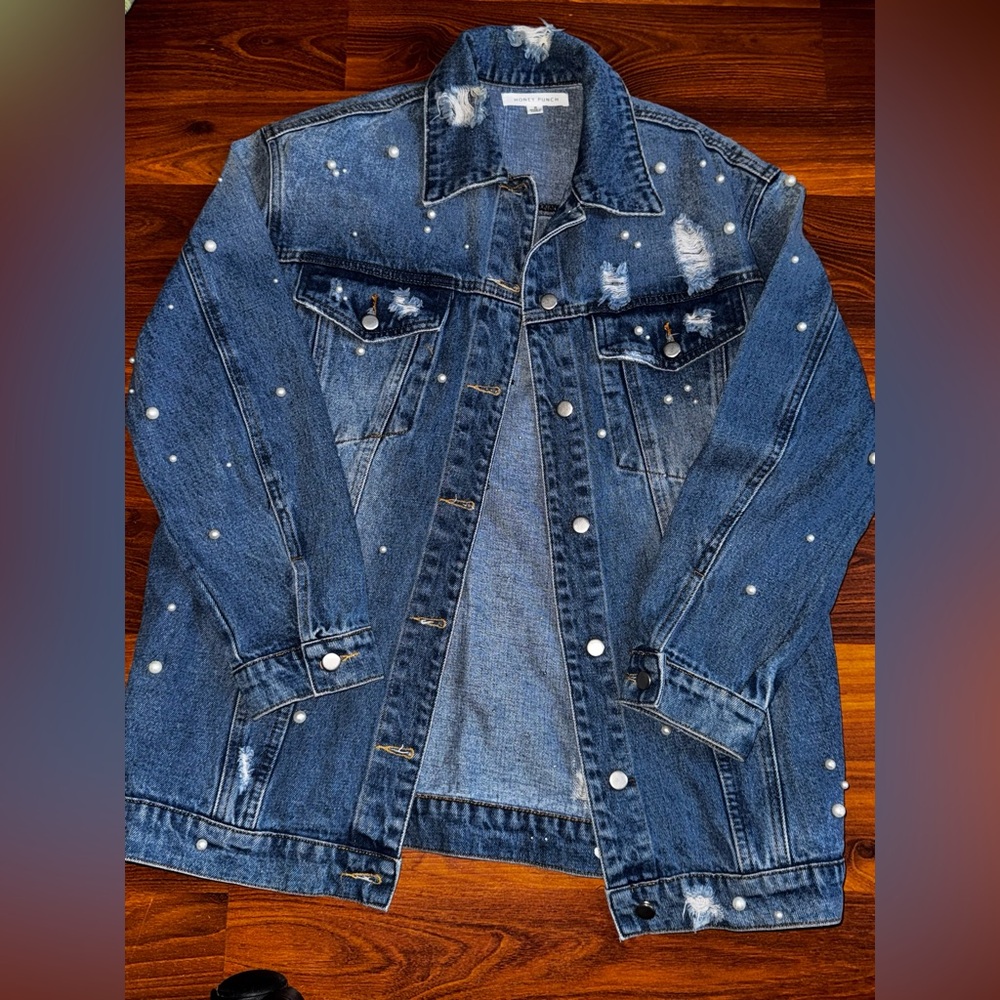 Pearl Studded Distressed Medium Wash Blue Denim Jacket